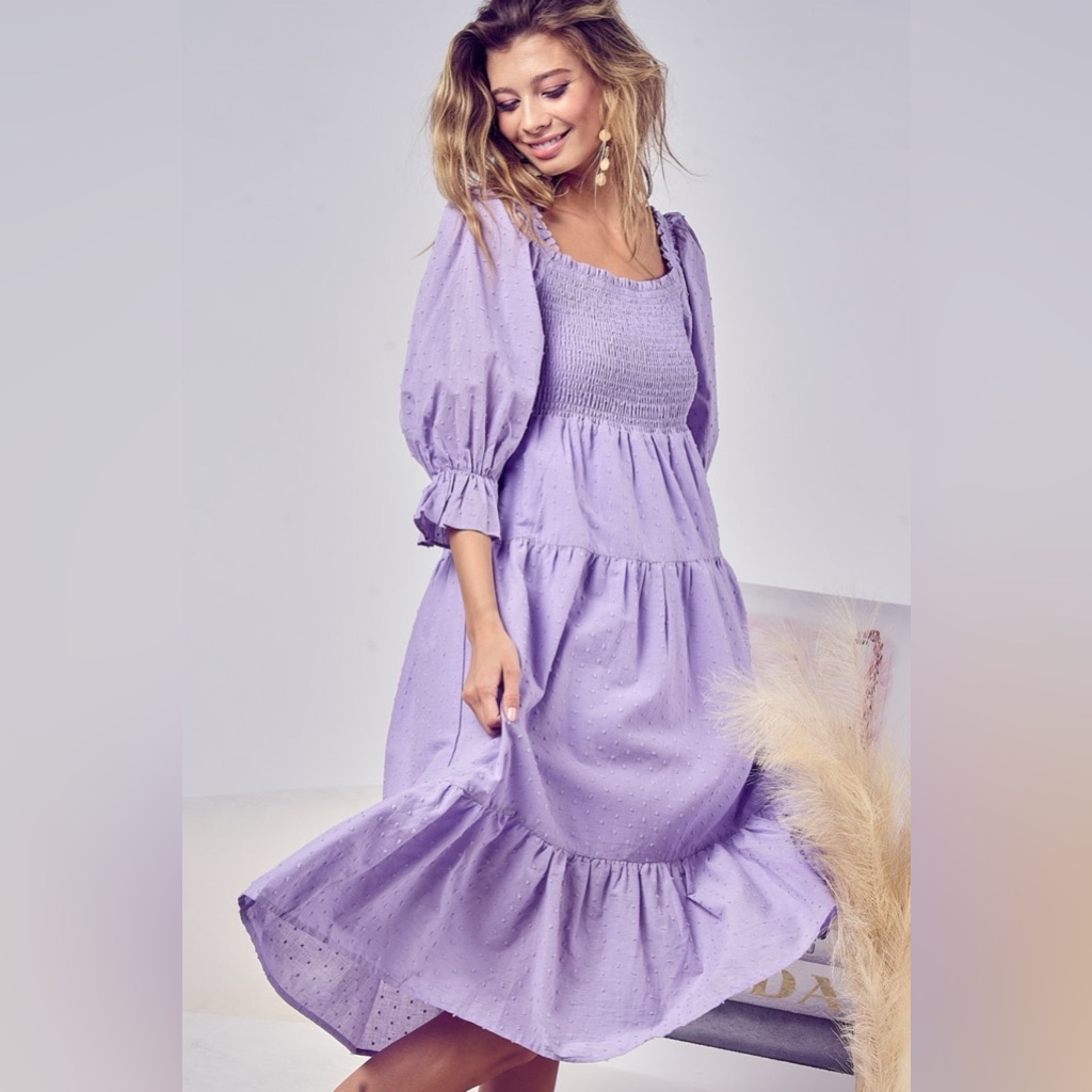 Bibi Swiss Dot Flounce Sleeve Smocked Tiered Midi Dress